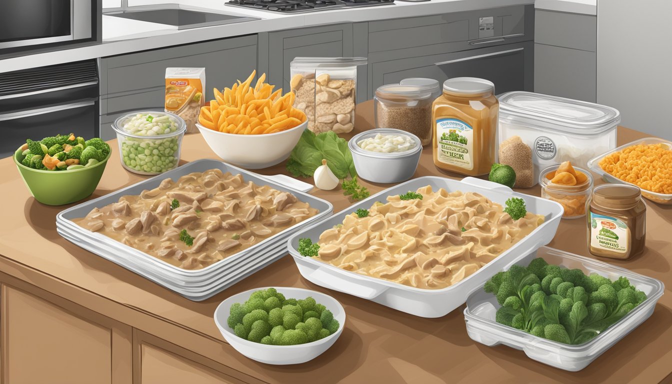 A comparison of packaged beef stroganoff and chicken a la king mixes on a kitchen counter, surrounded by various fresh and packaged food items