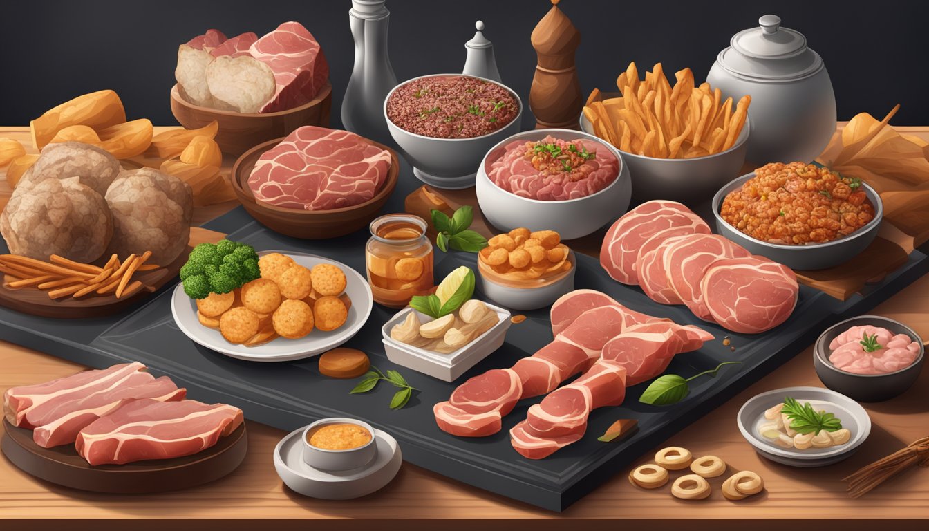 A display of traditional and modern meat snacks, surrounded by historical artifacts and cultural symbols