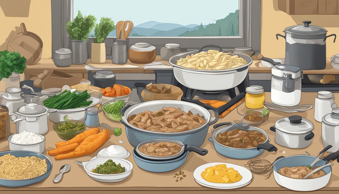 A cluttered kitchen counter with open packages of beef stroganoff and chicken a la king mix, surrounded by scattered cooking utensils and ingredients