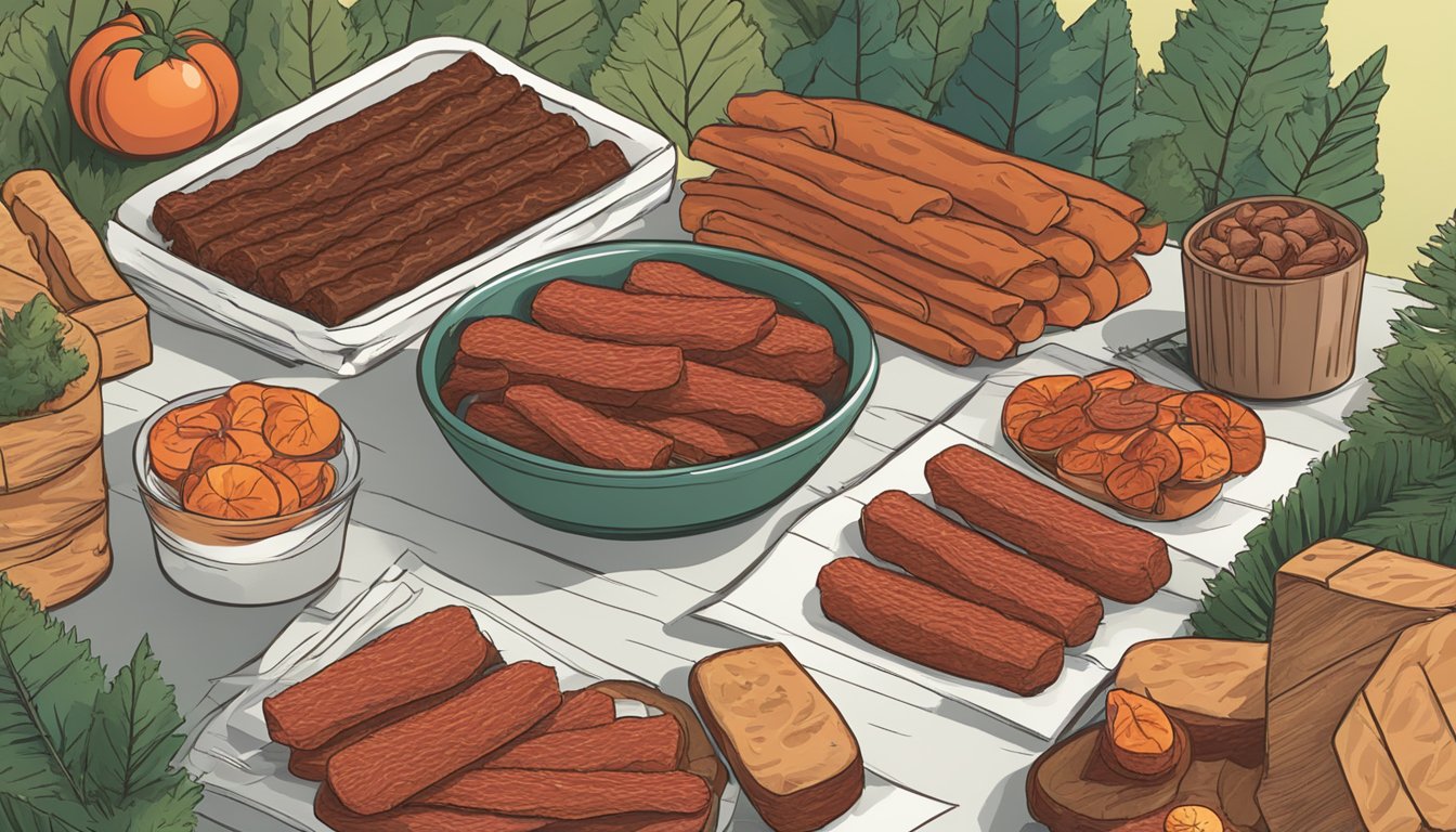 A table with a package of beef jerky and a package of pepperoni sticks, surrounded by images of forests and animals