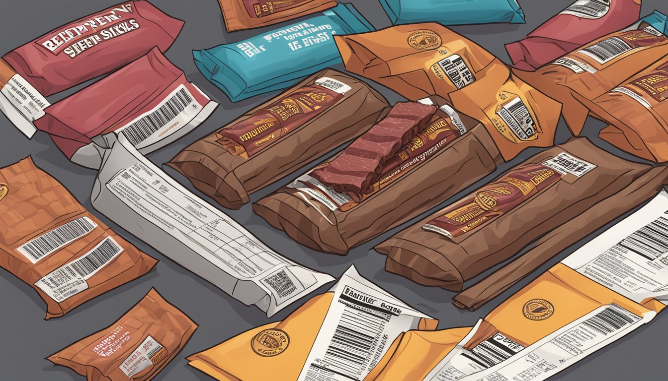 A table with a variety of packaged beef jerky and pepperoni sticks, surrounded by empty wrappers and a nutrition label