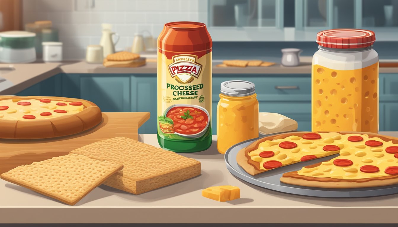 A can of processed cheese spread sits next to a jar of pizza sauce on a kitchen counter, surrounded by various types of crackers and bread