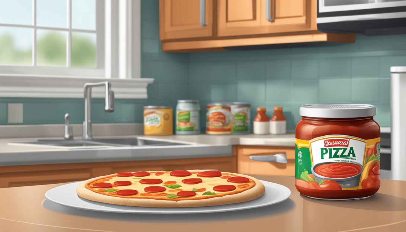 A jar of pizza sauce sits on a kitchen counter next to a can of processed cheese spread. The jar is open, revealing the thick, red sauce inside