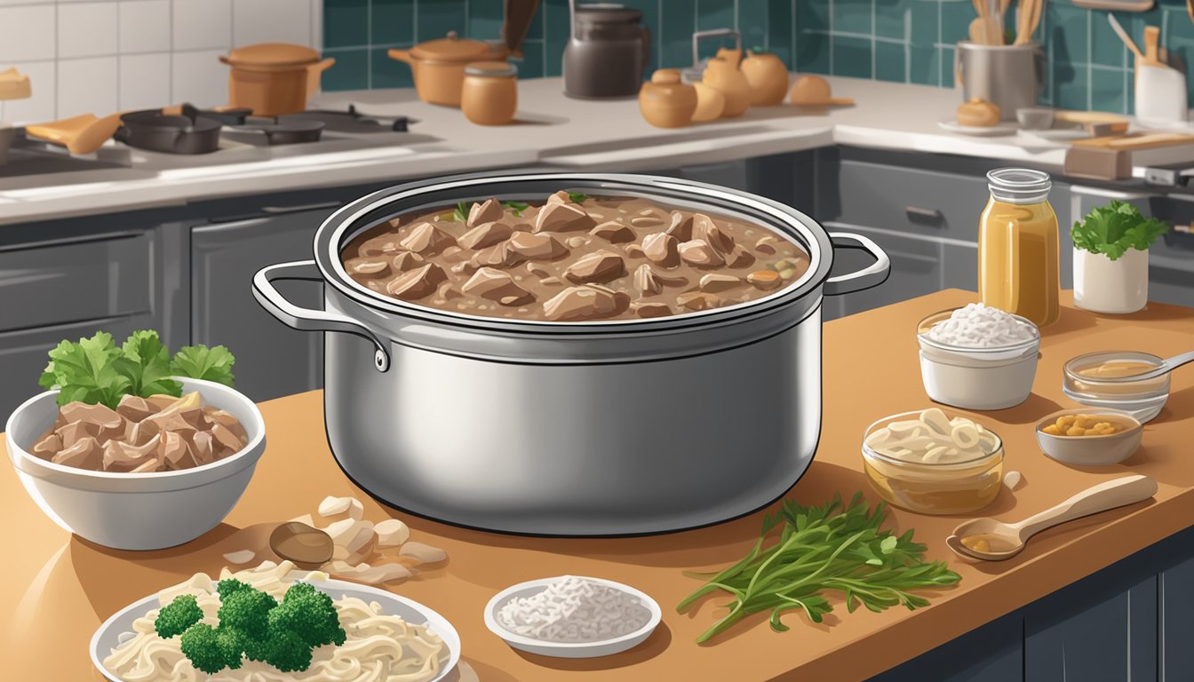 A steaming pot of packaged beef stroganoff mix and chicken a la king mix side by side on a kitchen counter, surrounded by scattered ingredients and cooking utensils