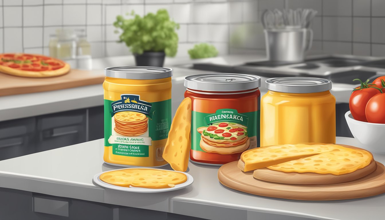 A spread of canned processed cheese next to a jar of pizza sauce on a kitchen counter