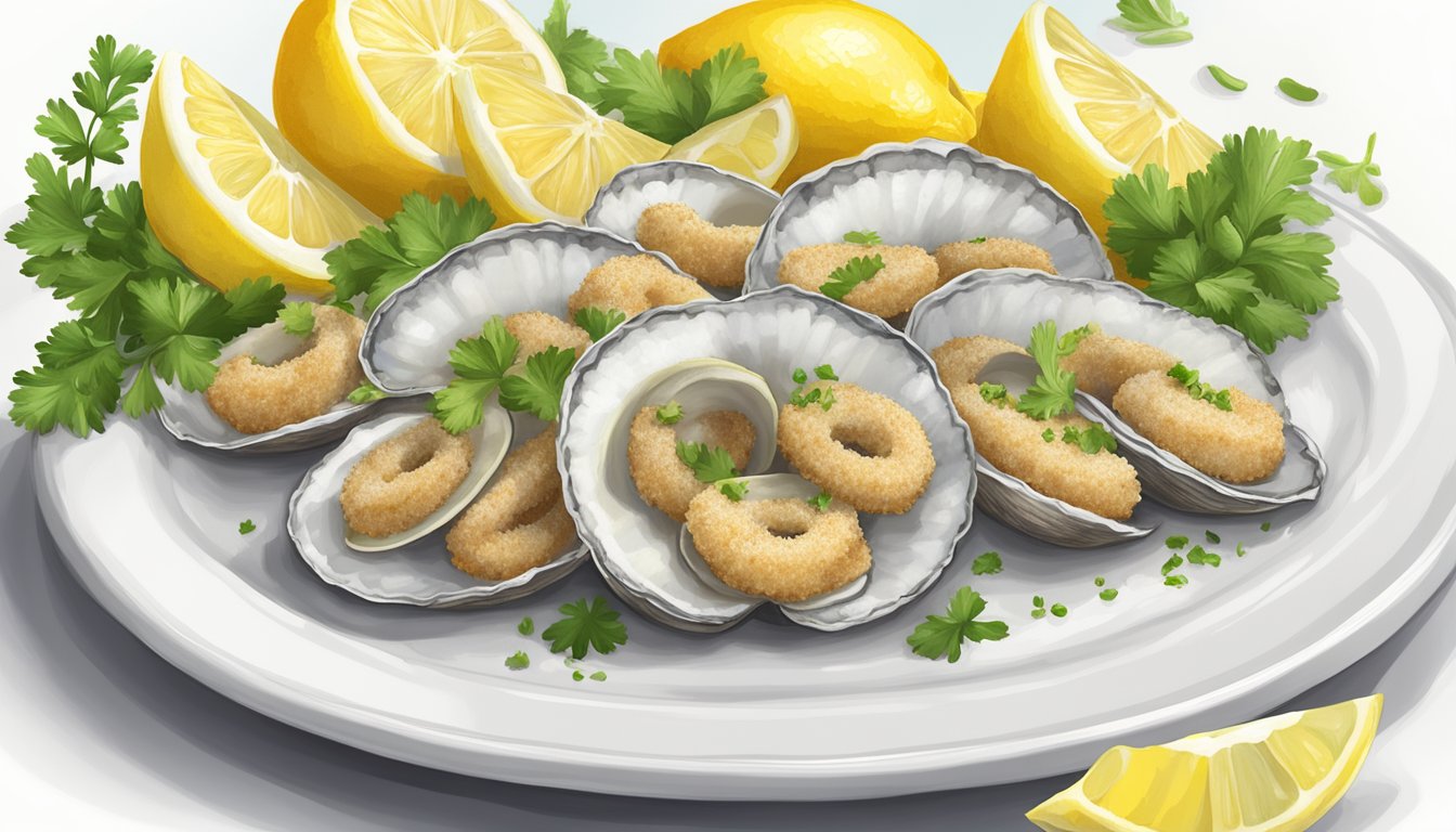 A platter with frozen stuffed clams and breaded calamari rings, surrounded by lemon wedges and garnished with parsley, sits on a white ceramic plate