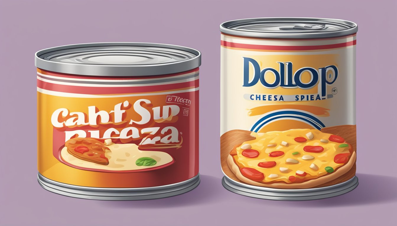 A dollop of canned processed cheese spread oozes out of a can, while a jar of pizza sauce sits open, revealing its thick, chunky texture