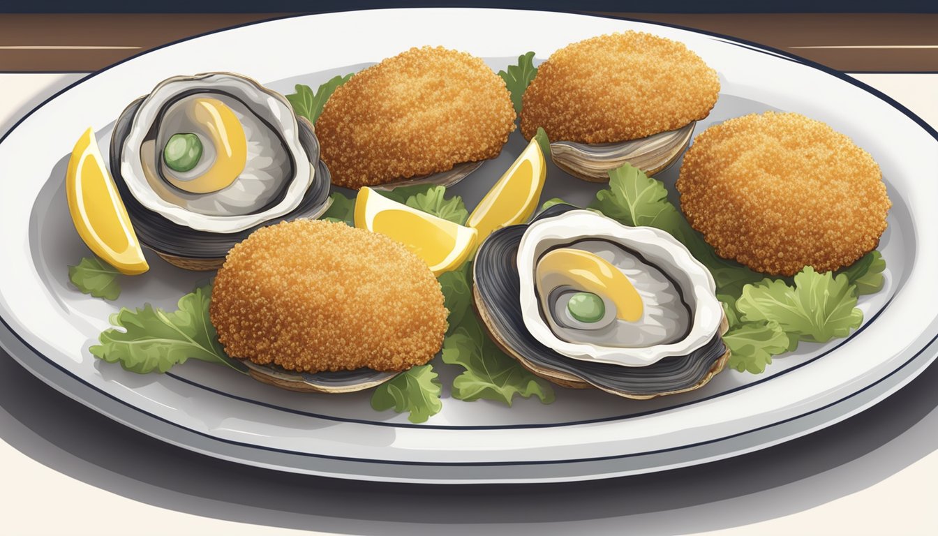 A plate with frozen stuffed clams and breaded calamari rings next to each other, with a focus on the contrasting textures and colors of the two dishes