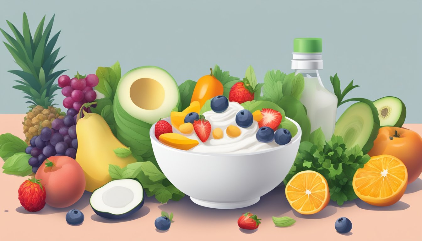 A bowl of Greek yogurt surrounded by colorful fruits and vegetables, with a vial of weight loss injections placed next to it