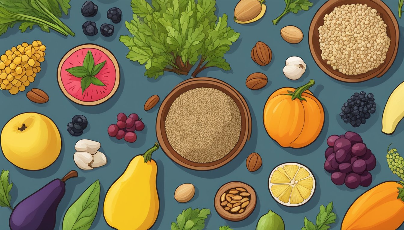 A colorful spread of quinoa, along with various fruits, vegetables, and nuts, arranged on a table