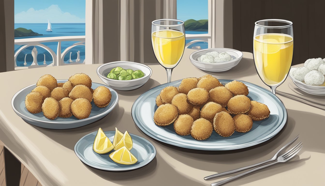 A table set with a plate of frozen stuffed clams next to a plate of breaded calamari rings, with a glass of white wine and a lemon wedge