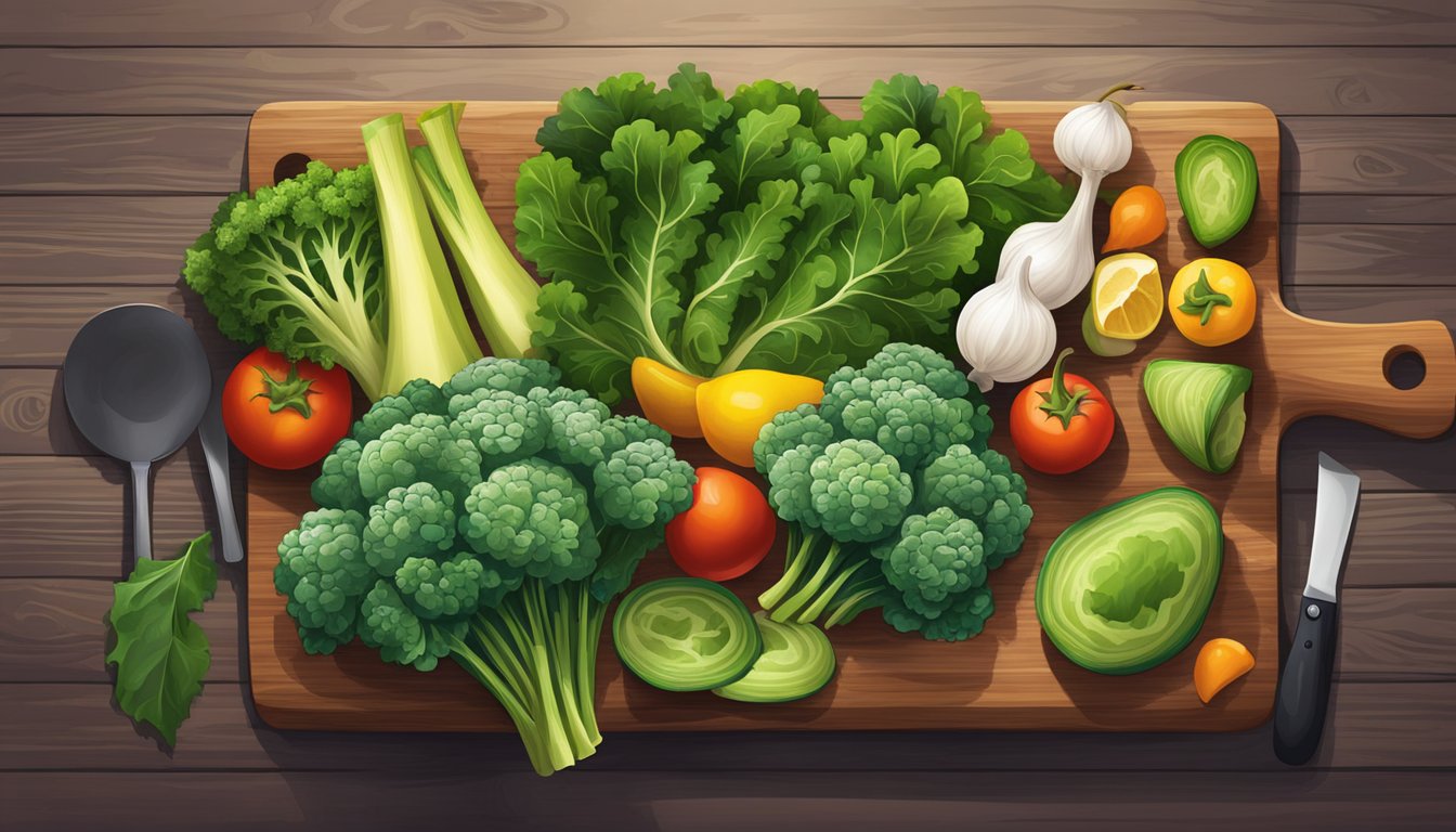 A vibrant array of fresh kale and other colorful, nutrient-dense foods arranged on a wooden cutting board