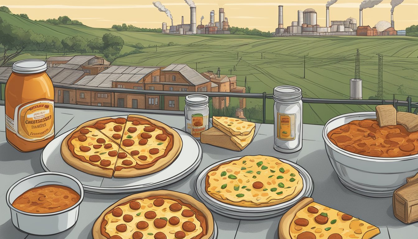 A table with a can of processed cheese spread and a jar of pizza sauce, surrounded by images of factory pollution and ethical farming practices