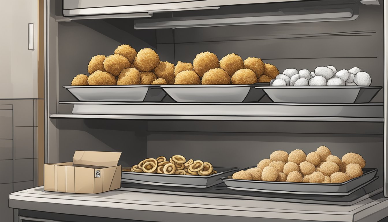 A freezer shelf with a box of frozen stuffed clams next to a bag of breaded calamari rings