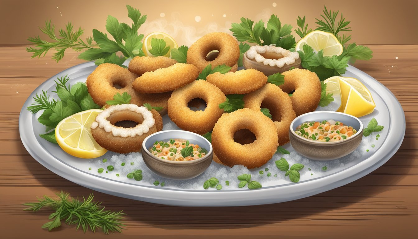 A plate with frozen stuffed clams and breaded calamari rings, surrounded by vibrant herbs and spices, with steam rising from the hot food