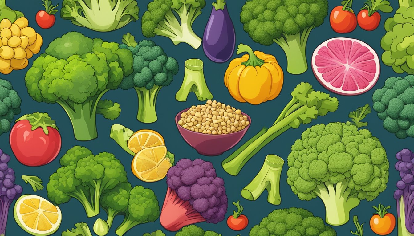 A colorful array of broccoli surrounded by other vibrant, nutrient-rich foods, set against a backdrop of a weight loss injection