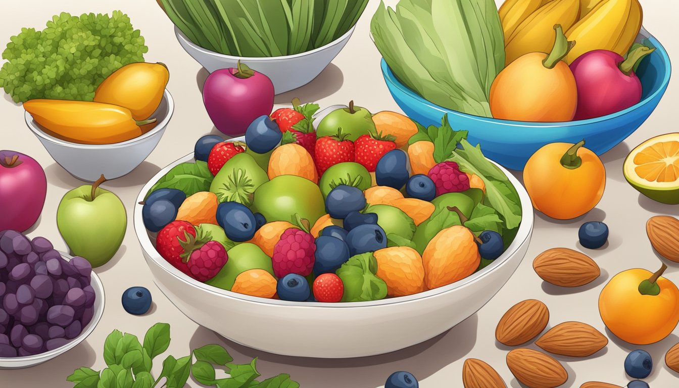 A bowl of almonds surrounded by colorful fruits and vegetables on a kitchen counter