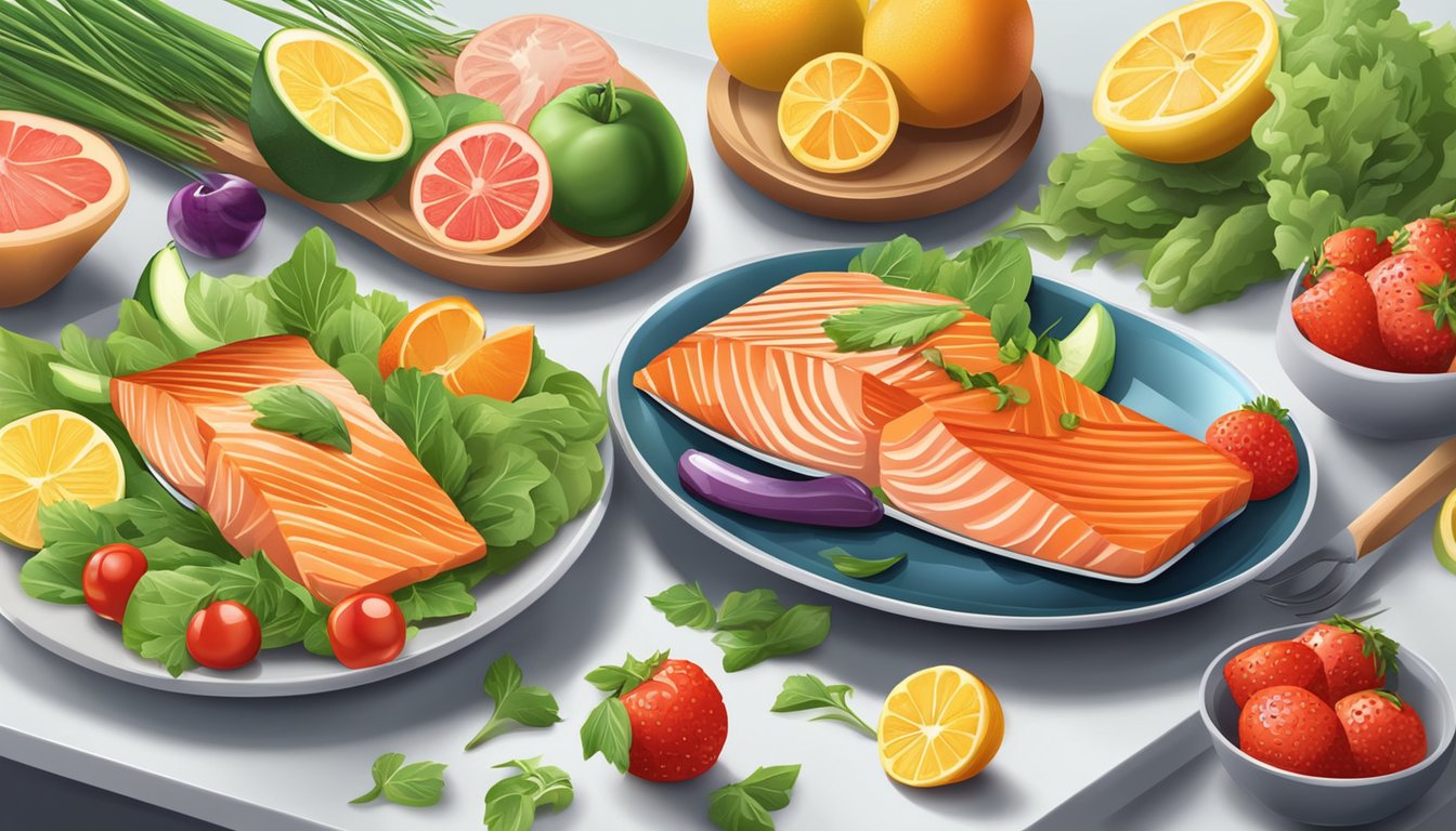 A plate of grilled salmon surrounded by colorful fruits and vegetables on a modern kitchen countertop