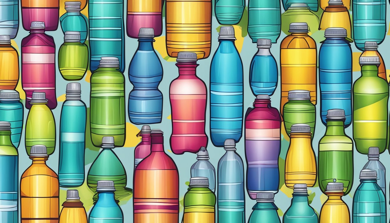 A collection of colorful water bottles arranged in a creative pattern, each representing a different level of hydration