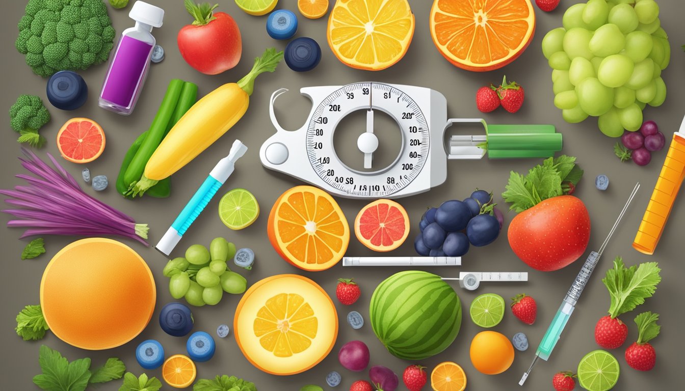 A table with a variety of colorful fruits and vegetables, a syringe, and a vial of weight loss injection, surrounded by a tape measure and a scale