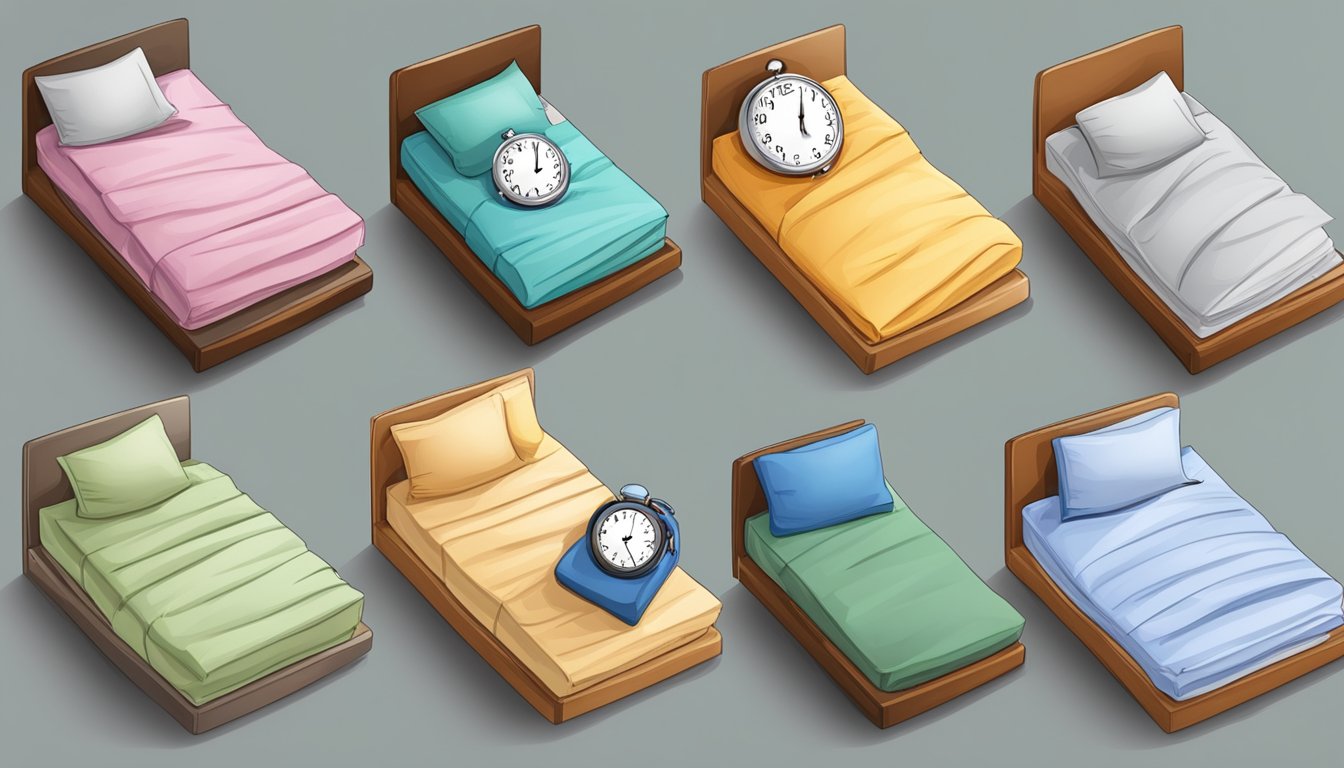 A series of clocks with different times, a bed with rumpled sheets, and a journal with recorded sleep hours