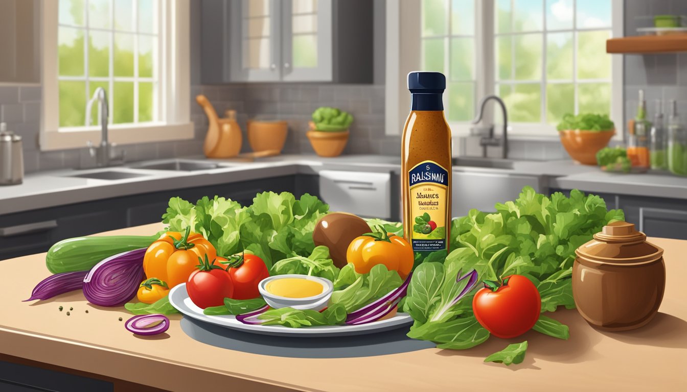 A bottle of Italian dressing stands next to a bottle of balsamic vinaigrette on a kitchen counter, surrounded by colorful vegetables and a salad bowl