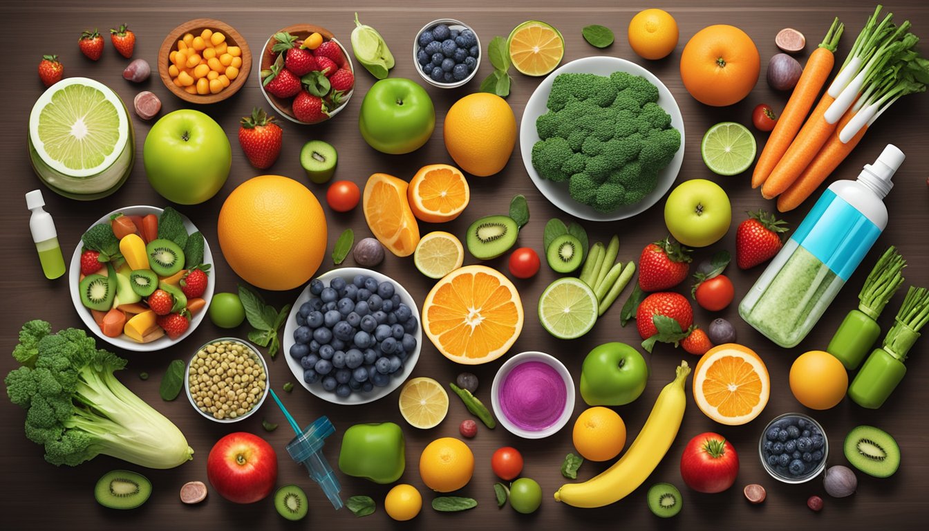 A colorful array of fruits, vegetables, and lean proteins arranged on a table, surrounded by weight loss injection vials and syringes