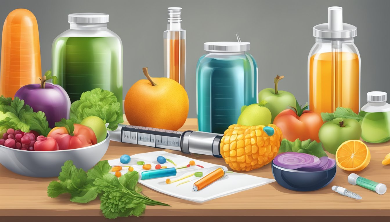 A table set with colorful fruits, vegetables, and lean proteins next to a syringe and vial of weight loss injections