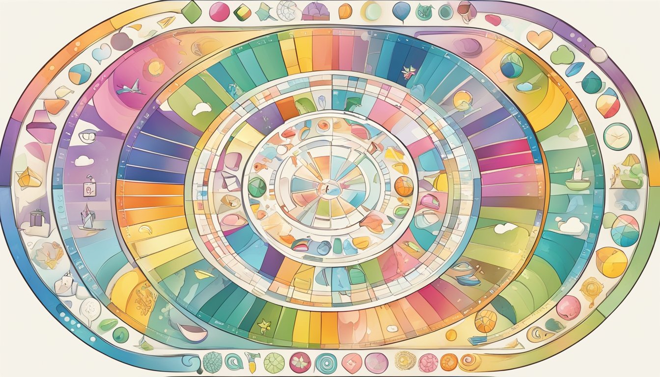 A colorful mood tracker featuring 15 unique symbols and designs, arranged in a circular pattern to represent daily progress