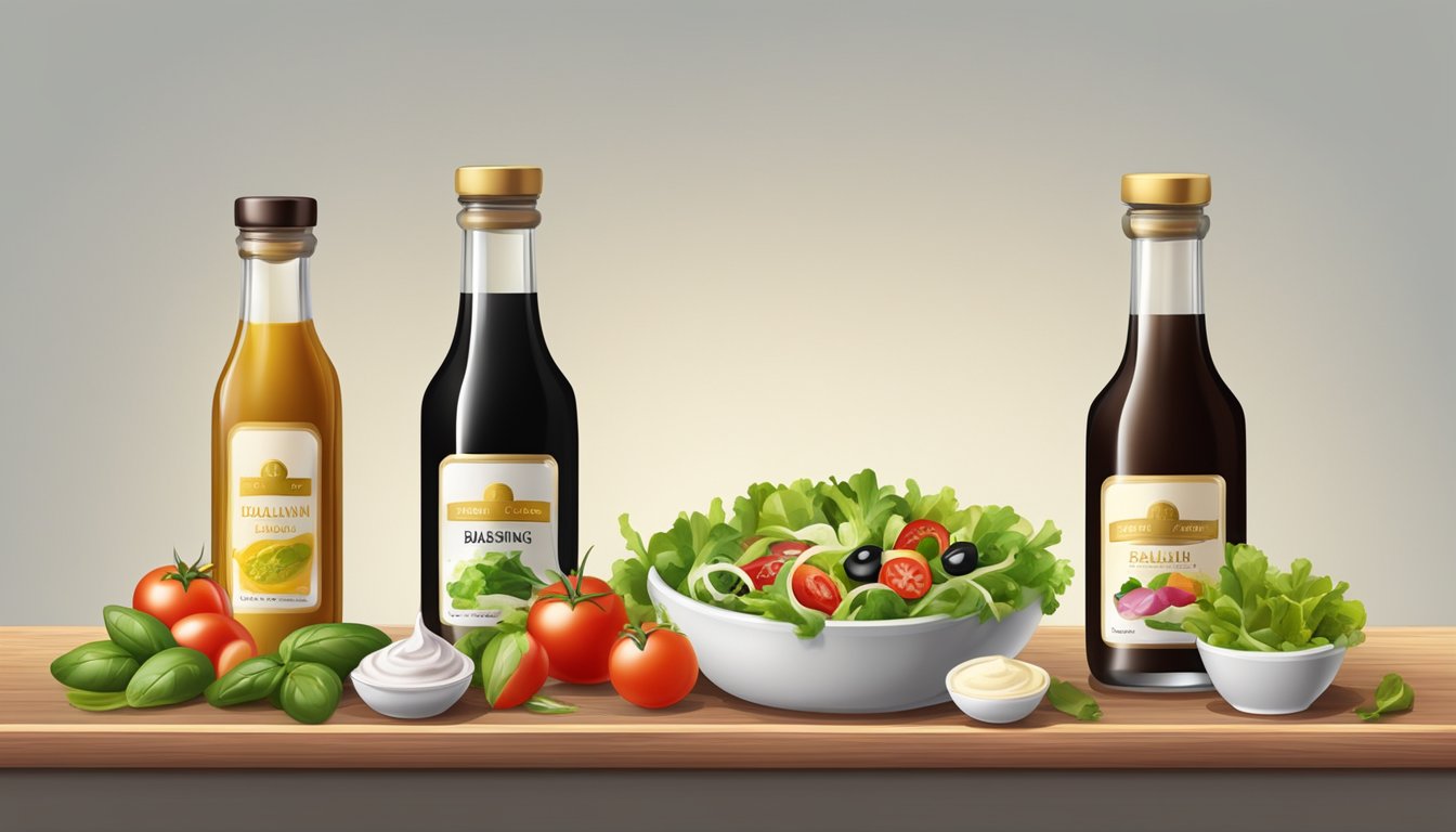 A table with two open bottles of dressing, one Italian and one balsamic, surrounded by fresh salad ingredients