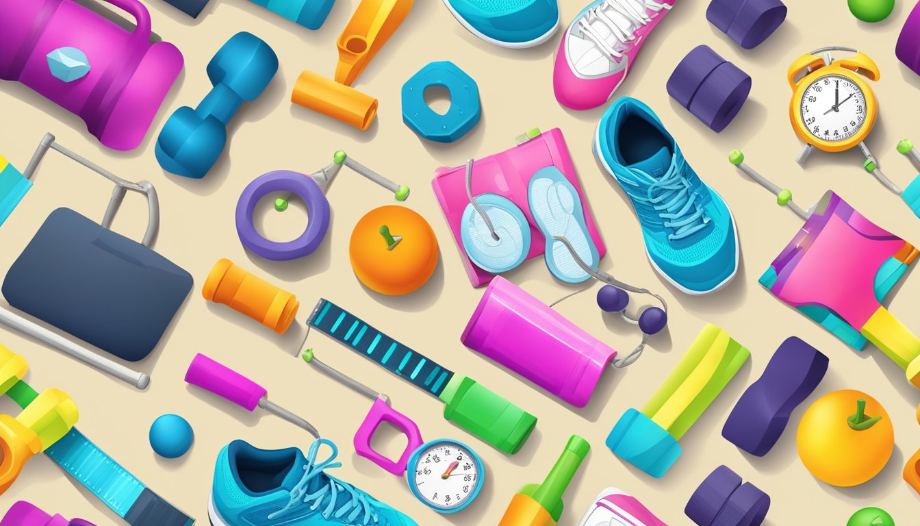 A colorful array of fitness-related objects arranged in a visually appealing and creative manner, representing different ways to track progress beyond the scale