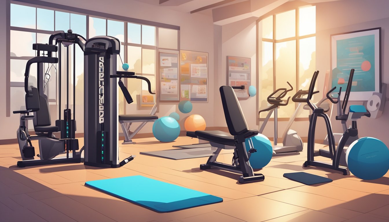 A set of exercise equipment arranged in a gym, with weights, resistance bands, and cardio machines, surrounded by motivational posters and bright lighting