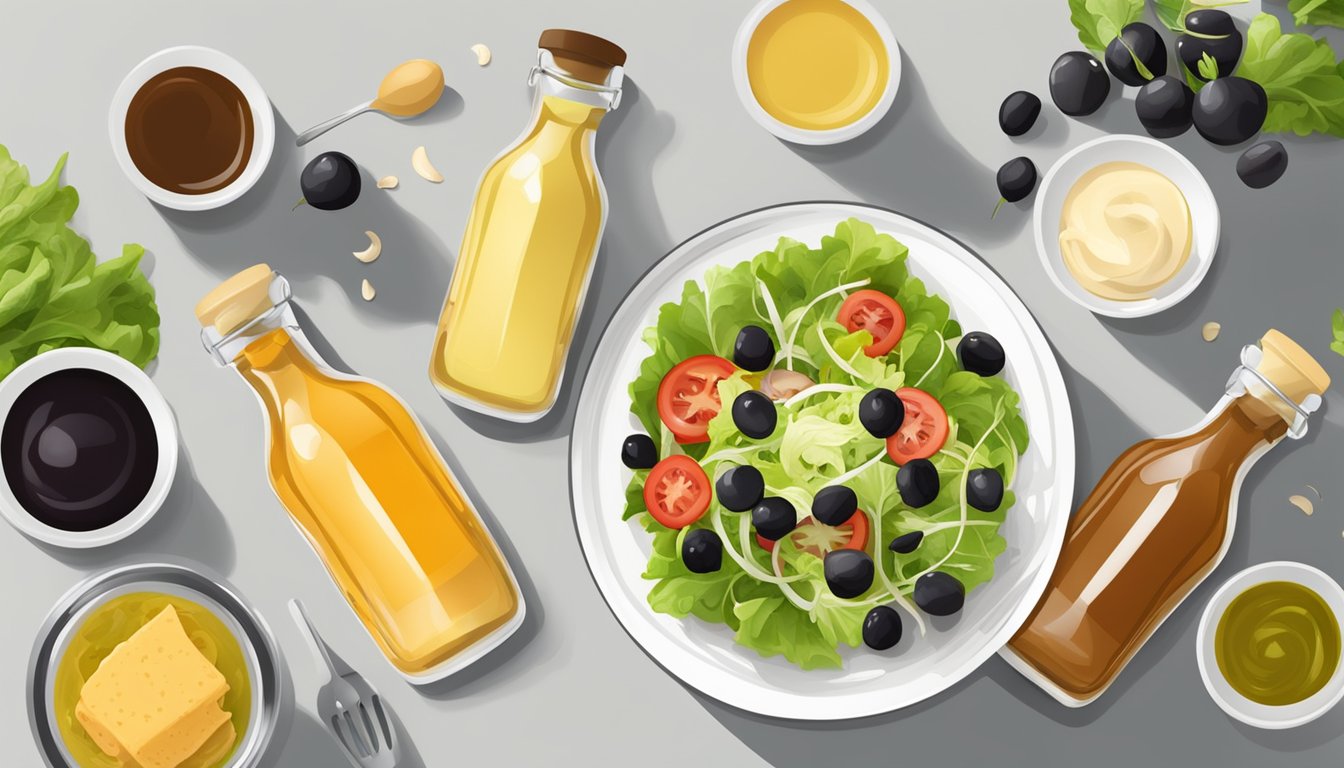 A table set with two bottles of dressing, one Italian and one balsamic, surrounded by fresh salad ingredients and a pair of salad tongs