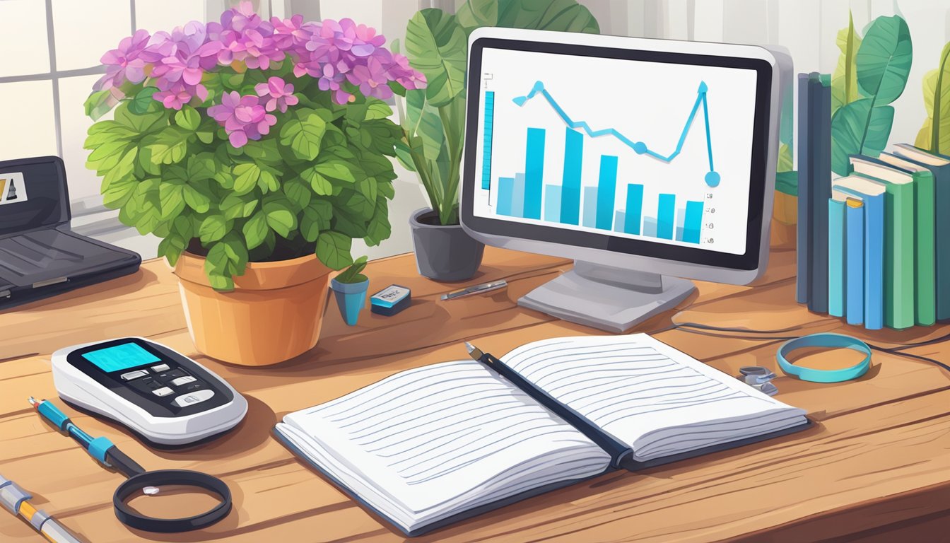 A heart rate monitor placed on a wooden table with a potted plant and a journal, surrounded by colorful markers and a measuring tape