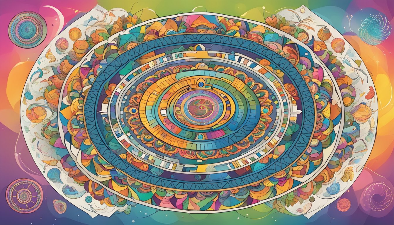 A colorful mandala surrounded by various symbols representing different creative ways to track progress, with a scale in the center and stress levels indicated by swirling patterns