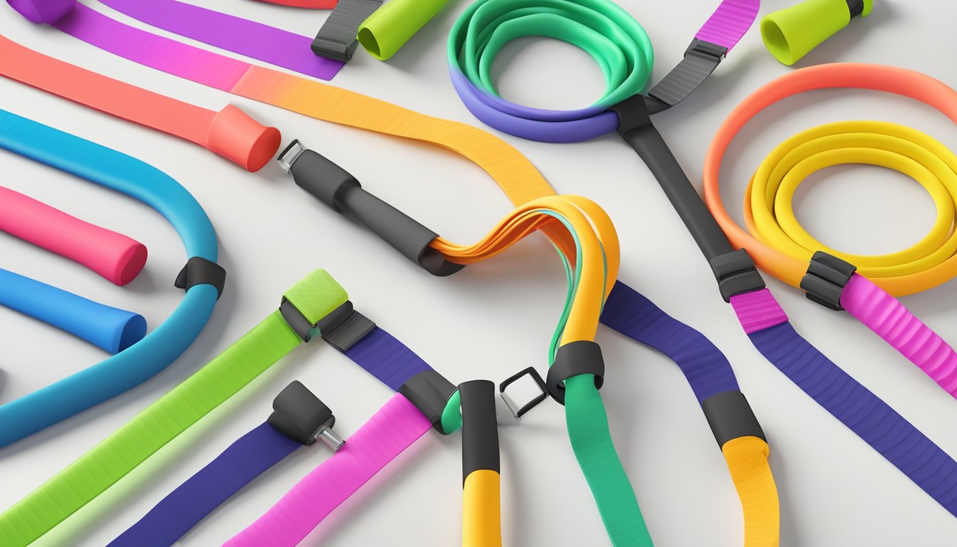 A colorful array of resistance bands arranged in a circle, with workout mats and weight loss injection vials nearby