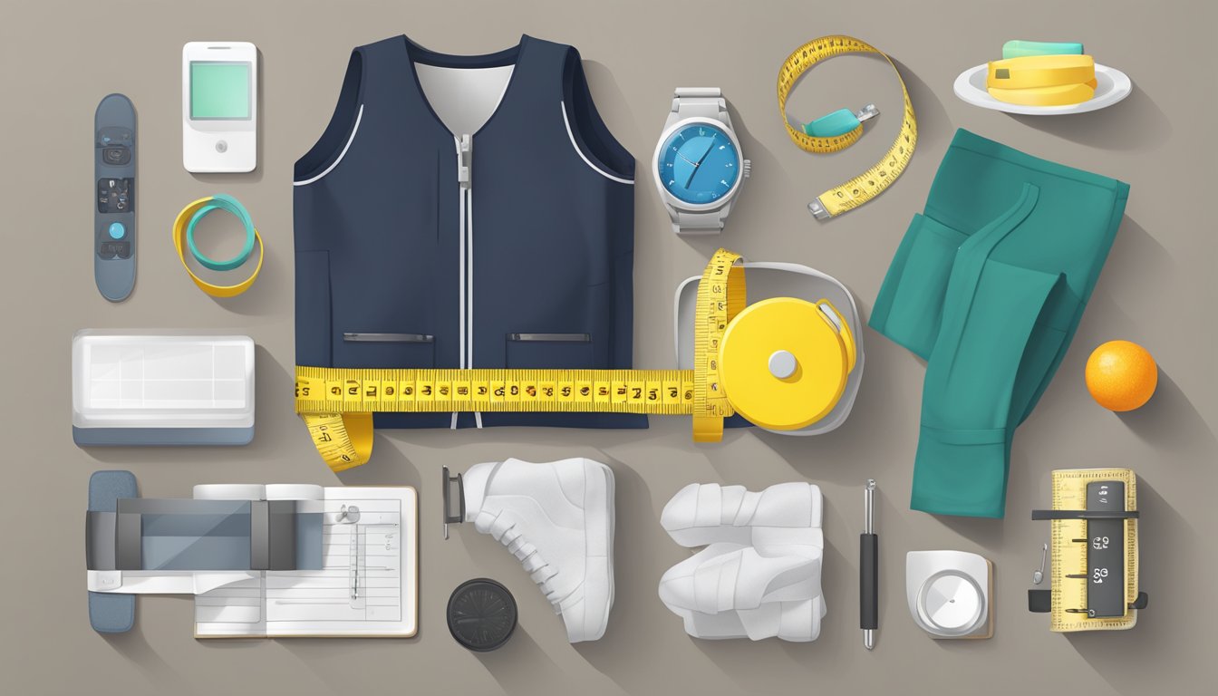 A variety of non-scale items such as a tape measure, a piece of clothing, a fitness tracker, a food journal, a body fat caliper, and a progress photo arranged in an artistic and creative manner