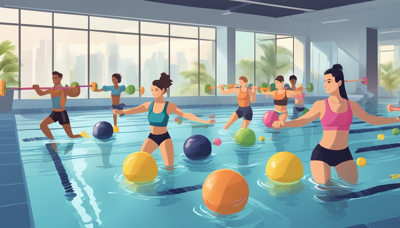 A group of people in a pool performing various aerobic exercises with weights and resistance bands, guided by an instructor