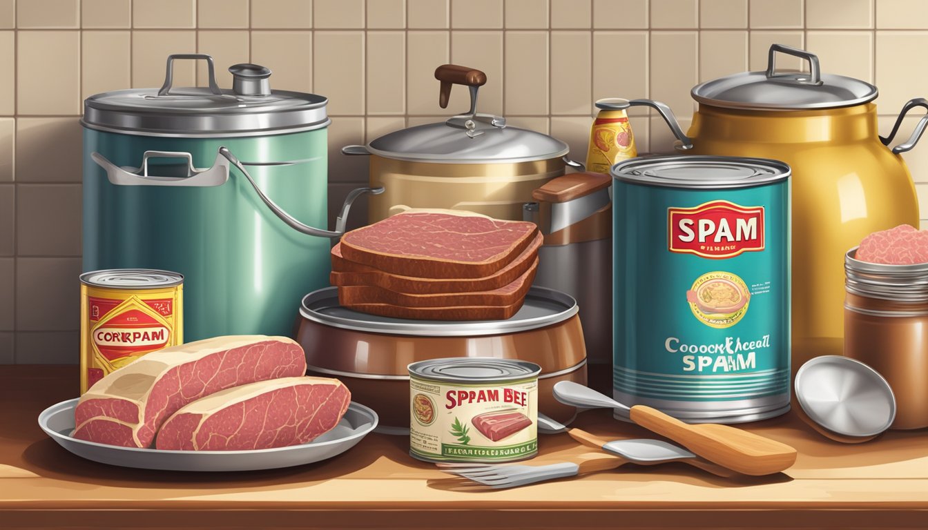 A vintage kitchen counter with a can of corned beef and a can of Spam, surrounded by retro kitchen utensils and cookware