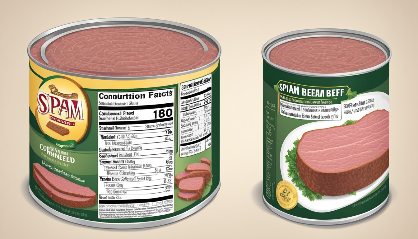 A comparison of canned corned beef and Spam with nutritional labels and dietary considerations displayed