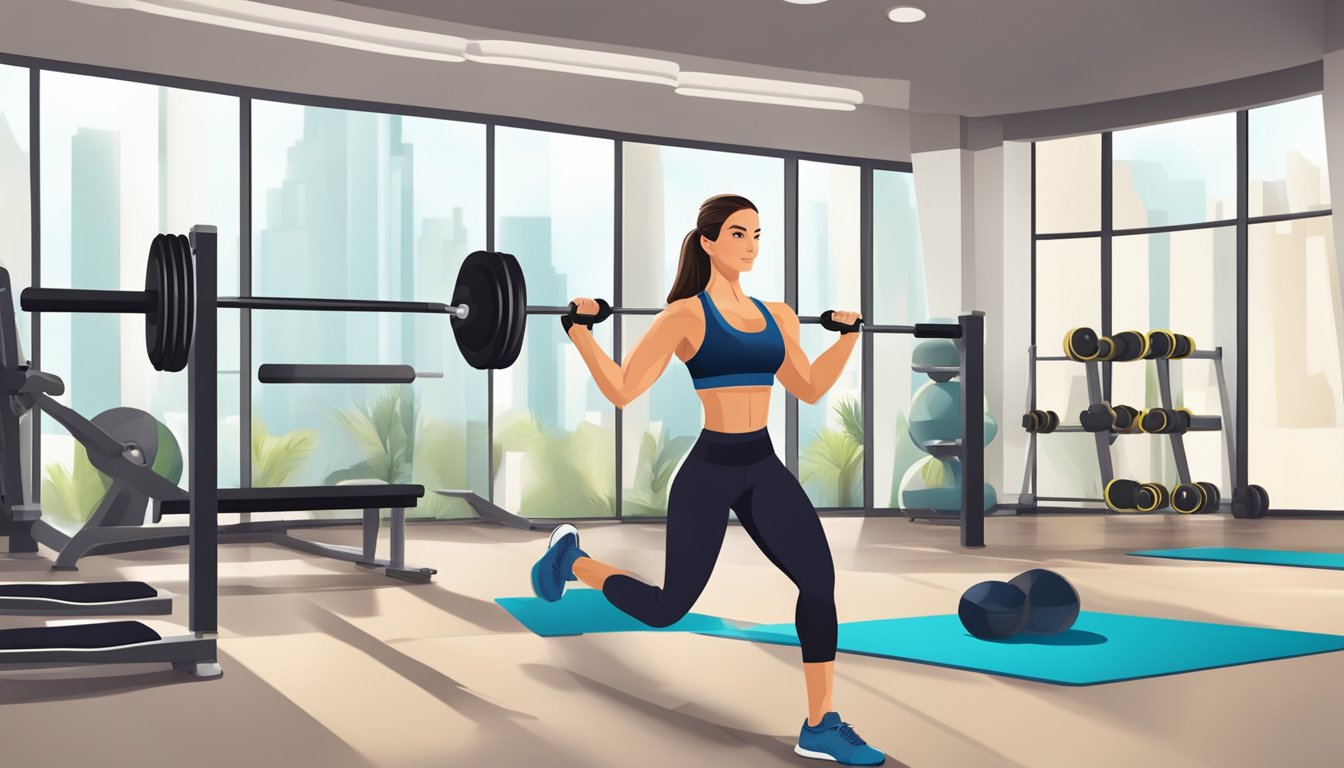 A fitness trainer demonstrating various workout routines with weights and resistance bands in a gym setting