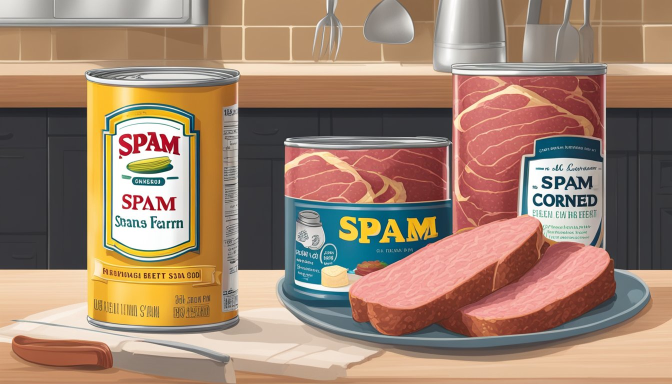 A can of corned beef and a can of Spam sit side by side on a kitchen counter, surrounded by cooking utensils and recipe books