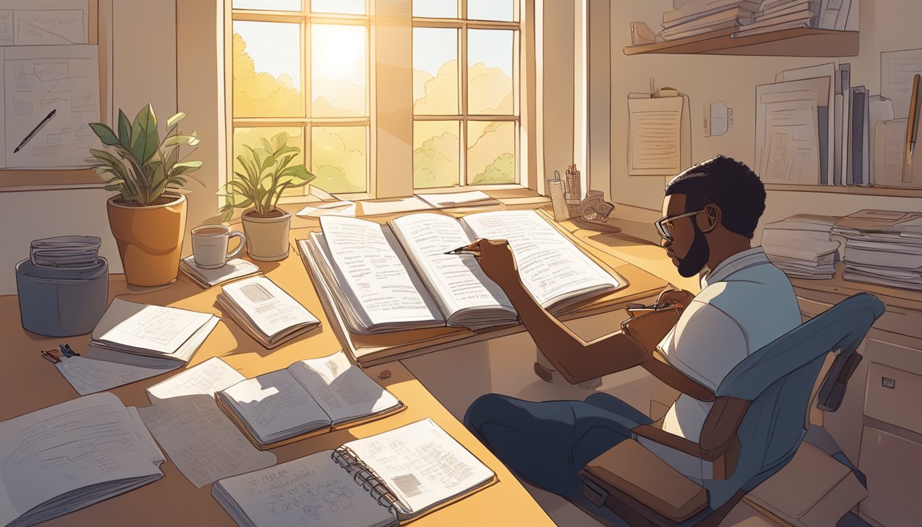 A person sitting at a desk with a journal open, pens scattered, surrounded by motivational quotes and images. Sunlight streams through a window onto the scene