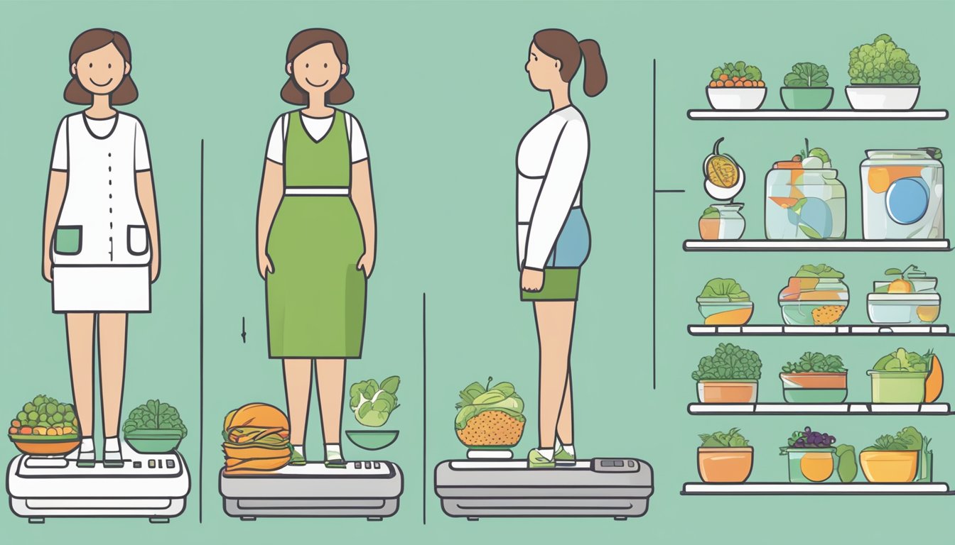 A person standing on a scale, smiling proudly as the numbers show progress. A table nearby holds healthy food and weight loss injections