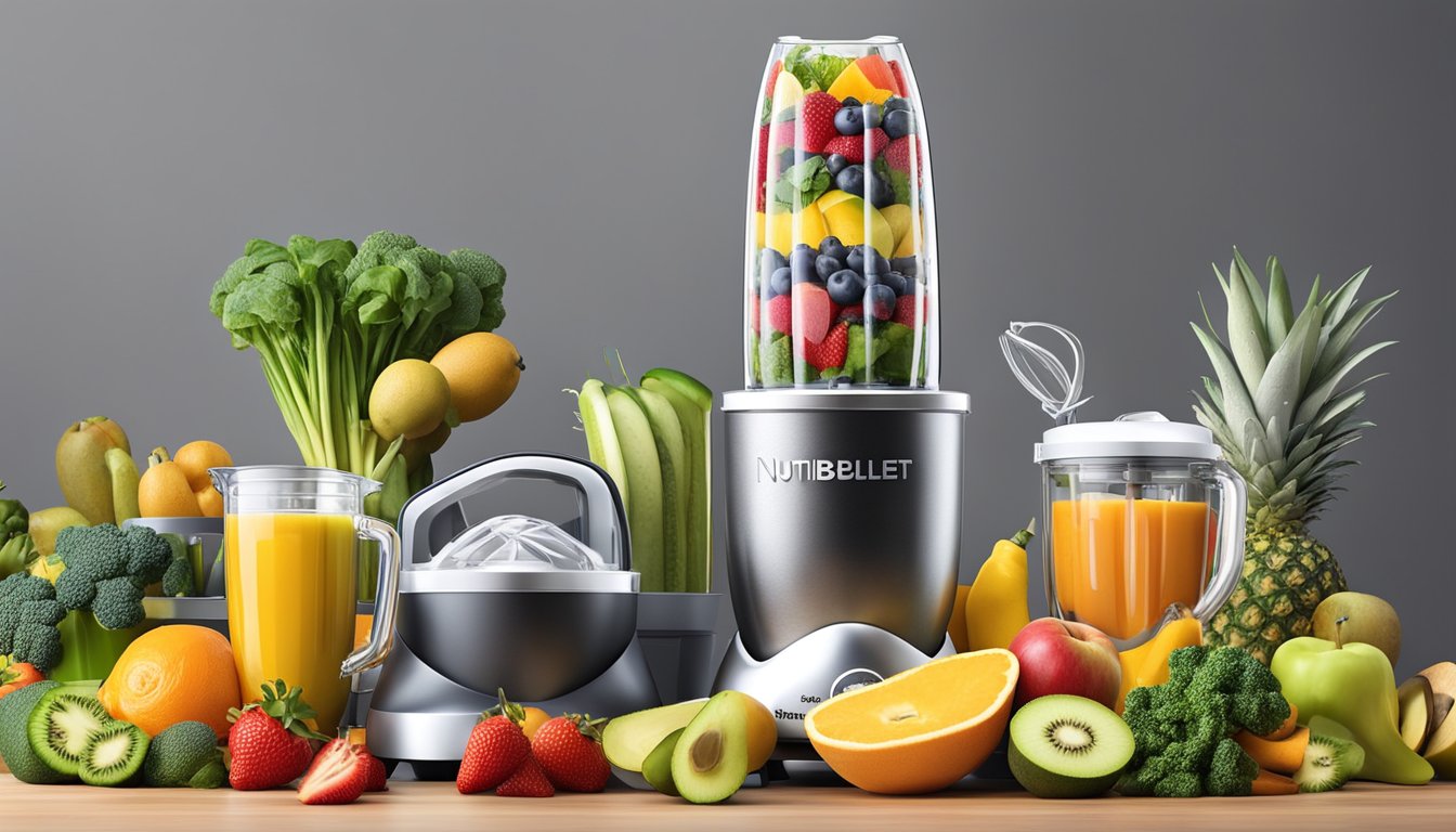 A Nutribullet blender surrounded by 12 kitchen gadgets, including a cutting board, measuring cups, and various fruits and vegetables