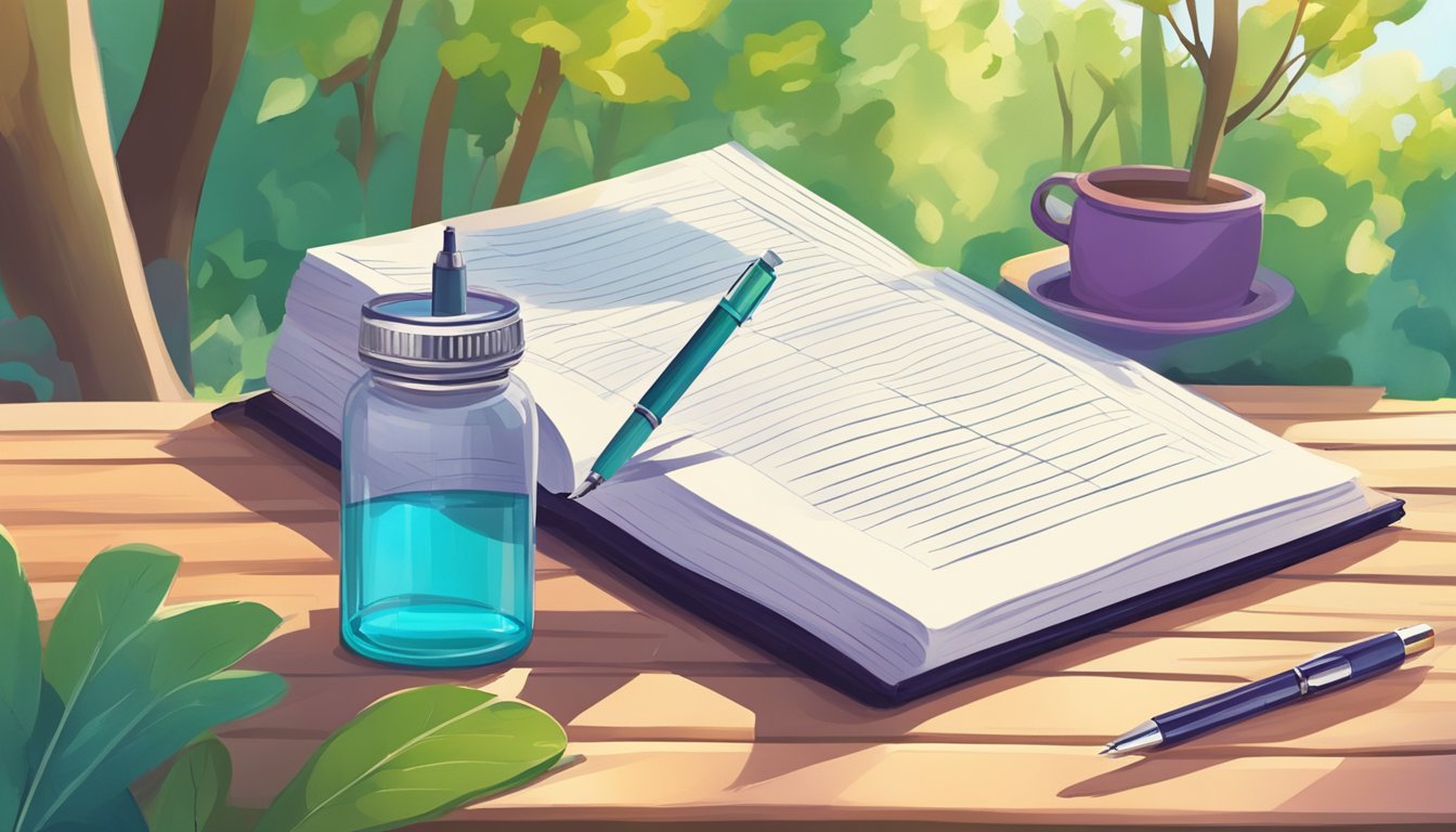 A colorful journal with a pen next to it, a bottle of weight loss injections, and a serene outdoor setting with trees and sunlight