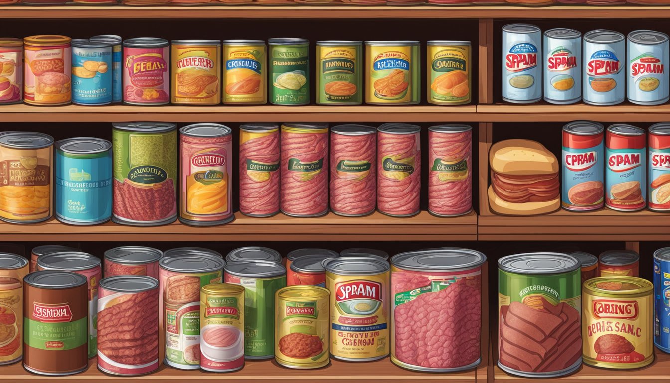 A crowded pantry shelf with cans of corned beef and Spam