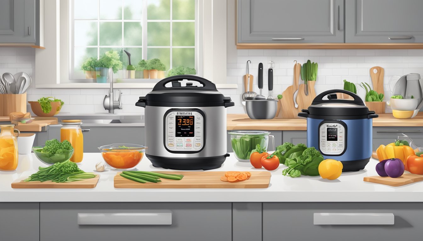 A kitchen counter with an Instant Pot Duo surrounded by various kitchen gadgets and tools for preparing healthy meals