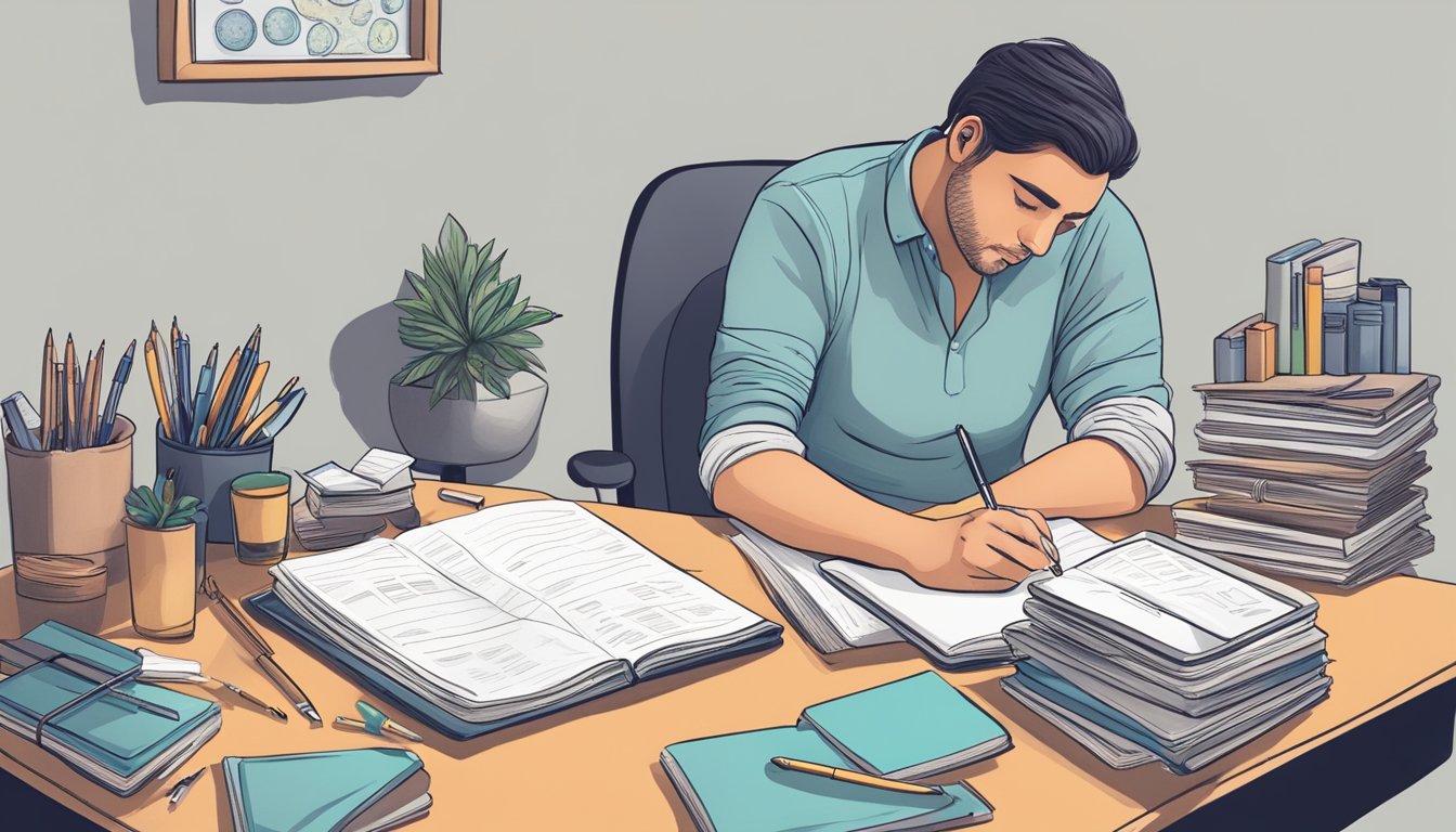 A person sitting at a desk, surrounded by journals and pens, writing and reflecting on their emotional challenges and the process of overcoming them while using weight loss injections