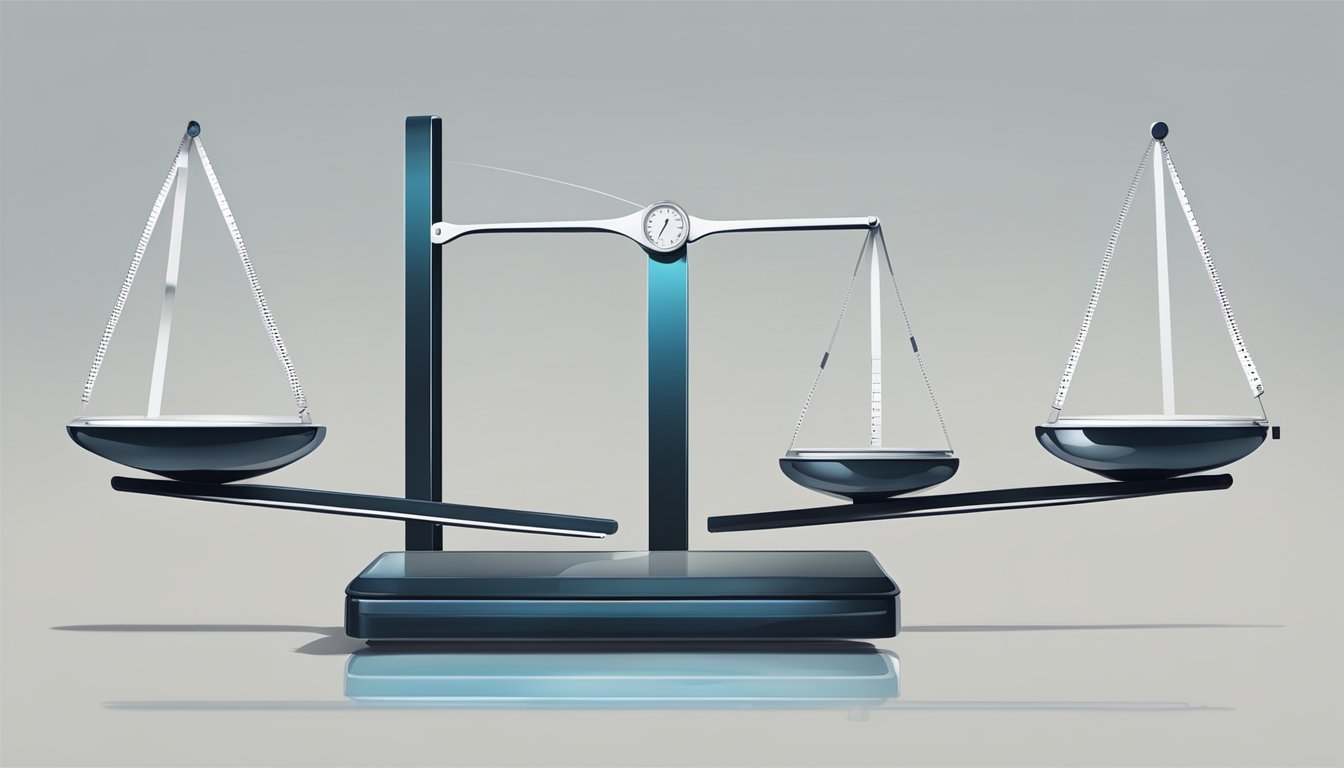 A scale with fluctuating numbers, a measuring tape, and a mirror reflecting a changing body shape